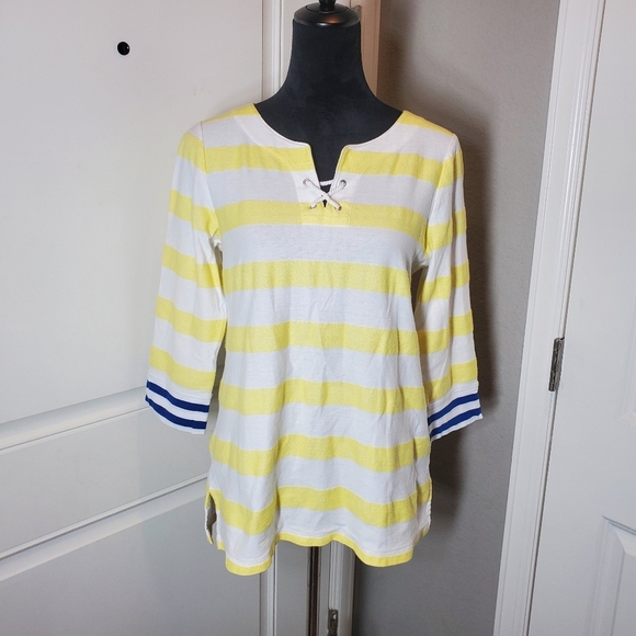 Hello Saturday! Talbots Yellow and White Horizontal Striped Top Size Small NWOT - Picture 1 of 16